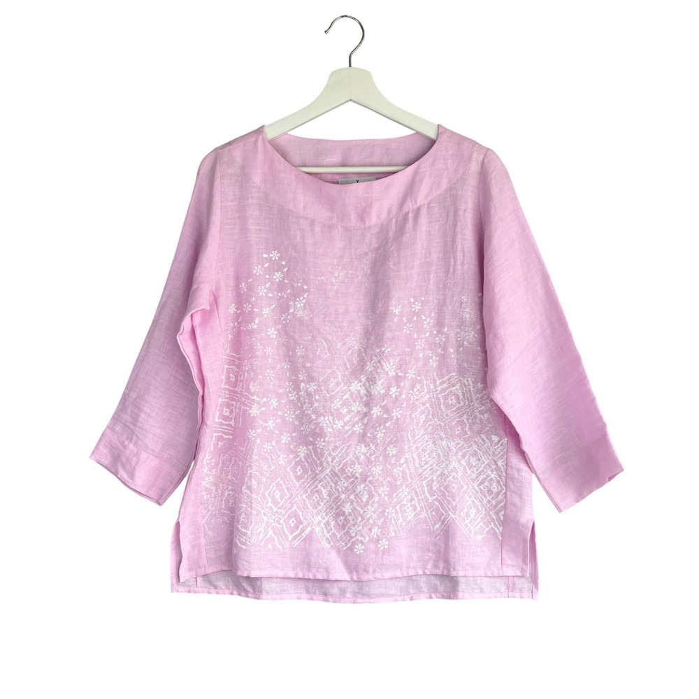 WHYCI Milano Pink Linen Floral Print Blouse 3/4 Sleeve Boat Neck Italy wmns M